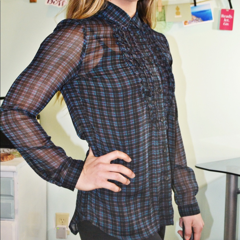 American Eagle Sheer Plaid Button Shirt